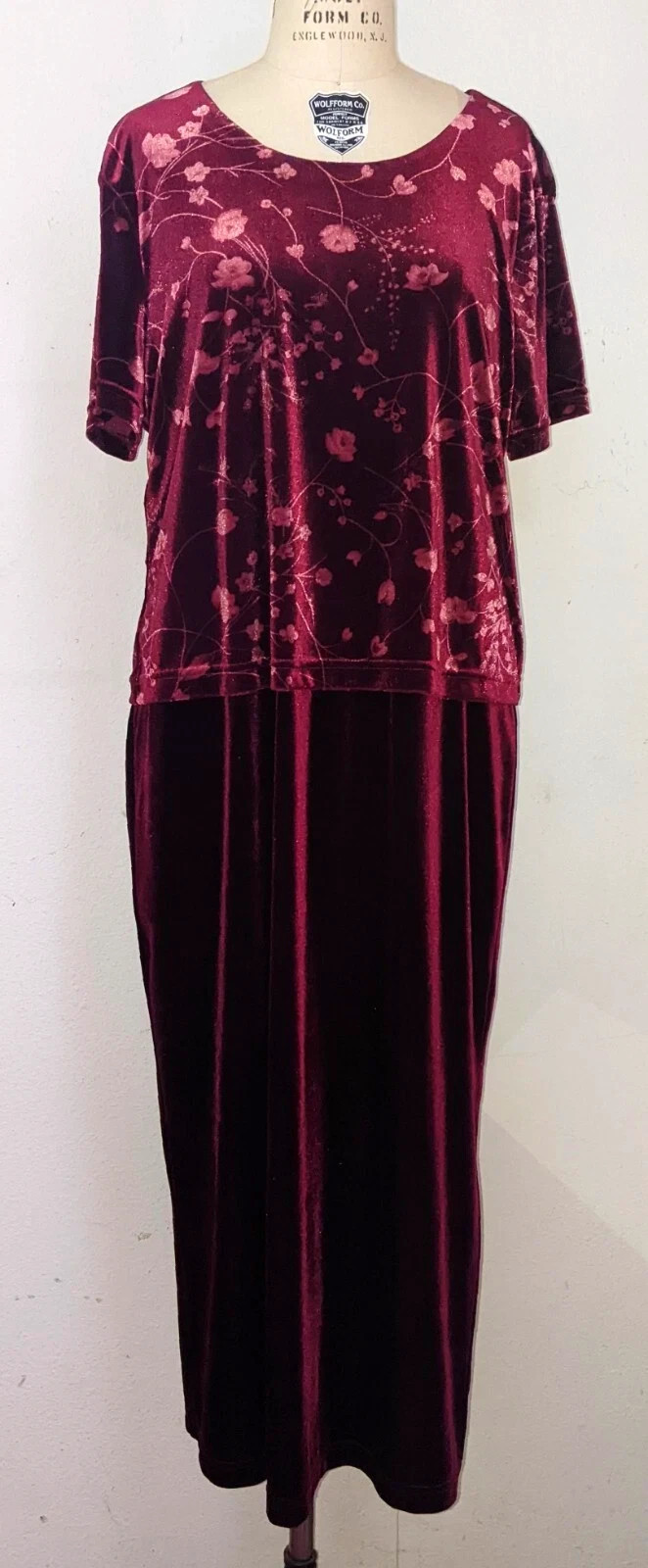 vintage TR BENTLEY red crushed velvet MAXI DRESS floral ATTACHED BLOUSE size 16