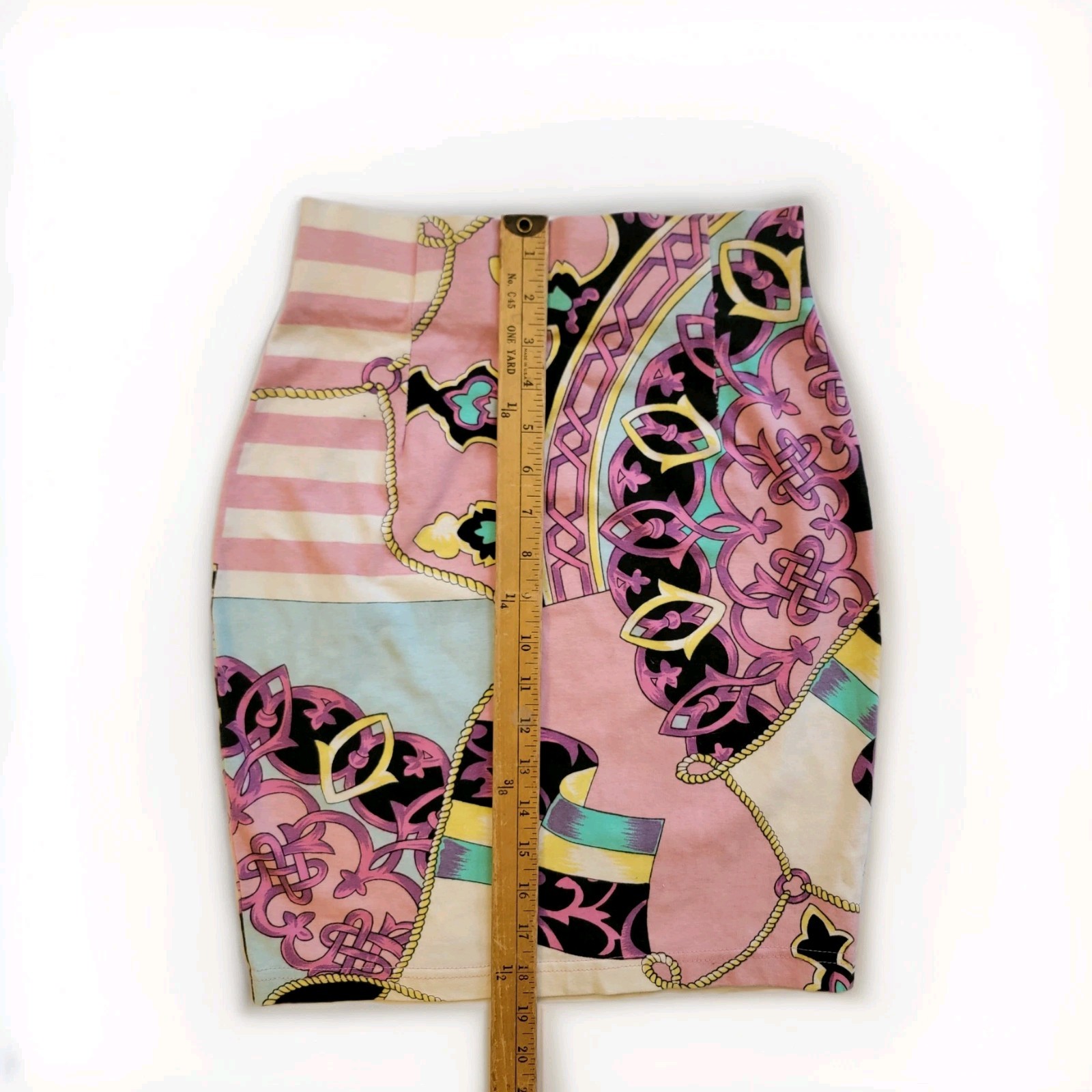 Vintage TAPE MEASURE Pencil Skirt Pink Print Sz S Hi-Waist Stretchy Bodycon