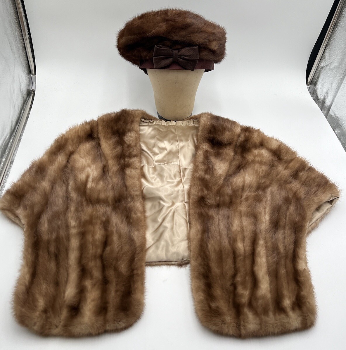 VTG Mink Fur Stole& Hat Shawl Collar Shoulder Wrap Brown O/S 60s 50s