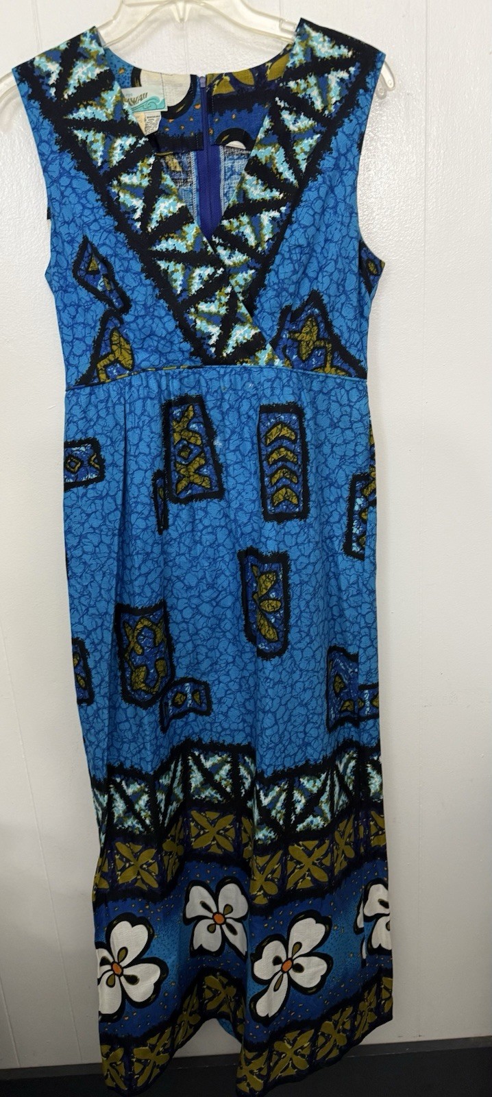 Penneys Hawaii Vintage Maxi Dress Blue Tropical Tiki Print Sleeveless S Resort