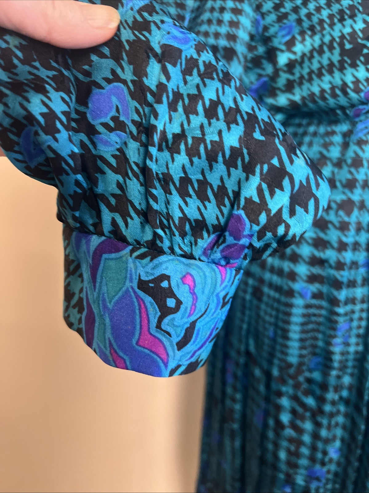 Adrianna Papell 100% Silk Size 8 Dress Pleated Teal HoundsTooth VTG 80s