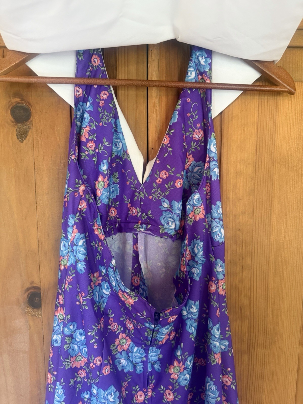 Vintage 70s Homemade Maxi Halter Dress Polyester BIG Collar Backless Talon #277