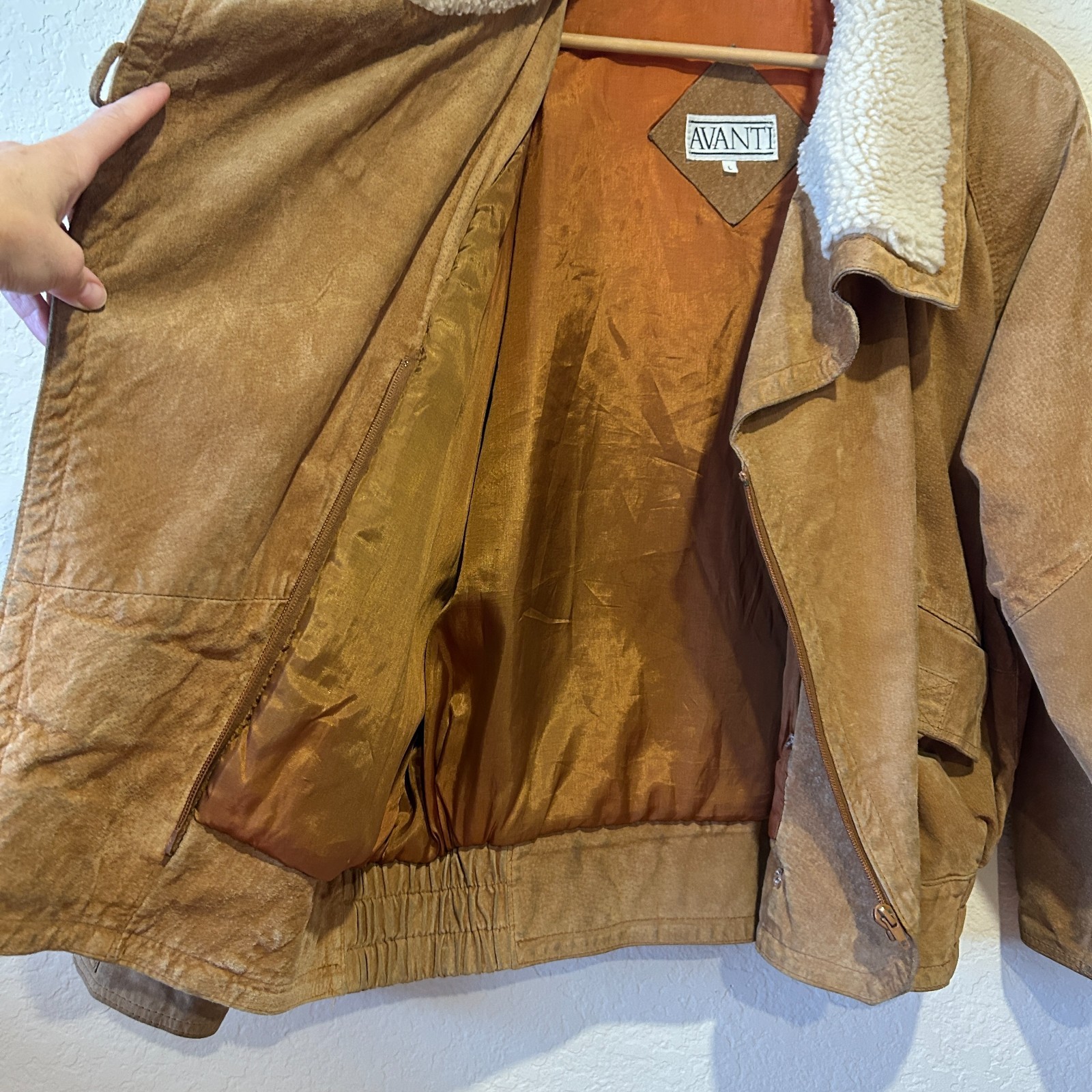 VTG 90s Avanti Suede Leather Bomber Jacket Oversized Sz L Sherpa Fleece Collar