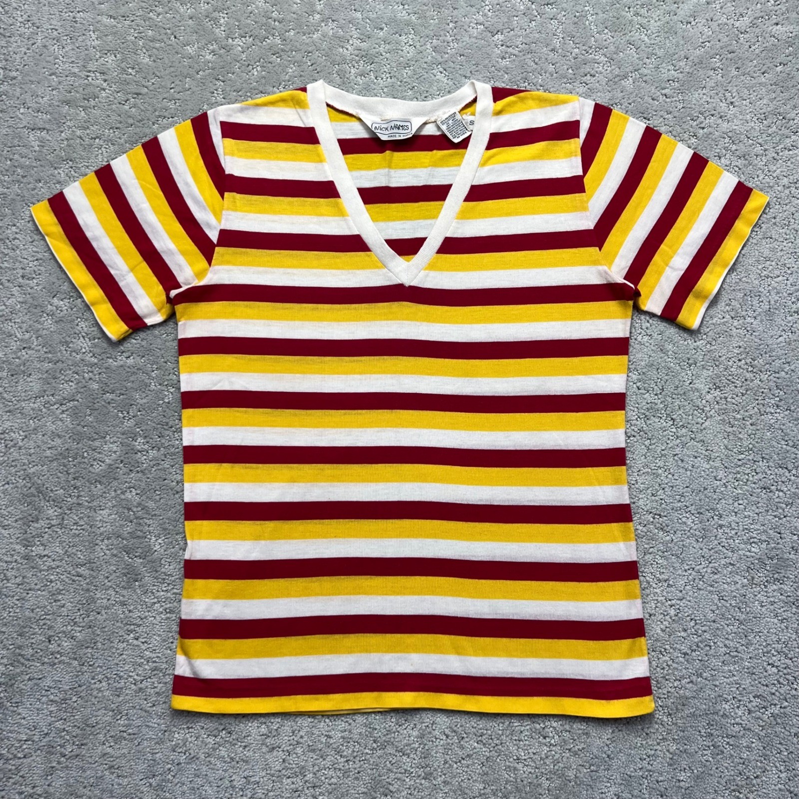 VINTAGE 80s Nick Names T-Shirt Womens Small Red Yellow White Striped V-Neck