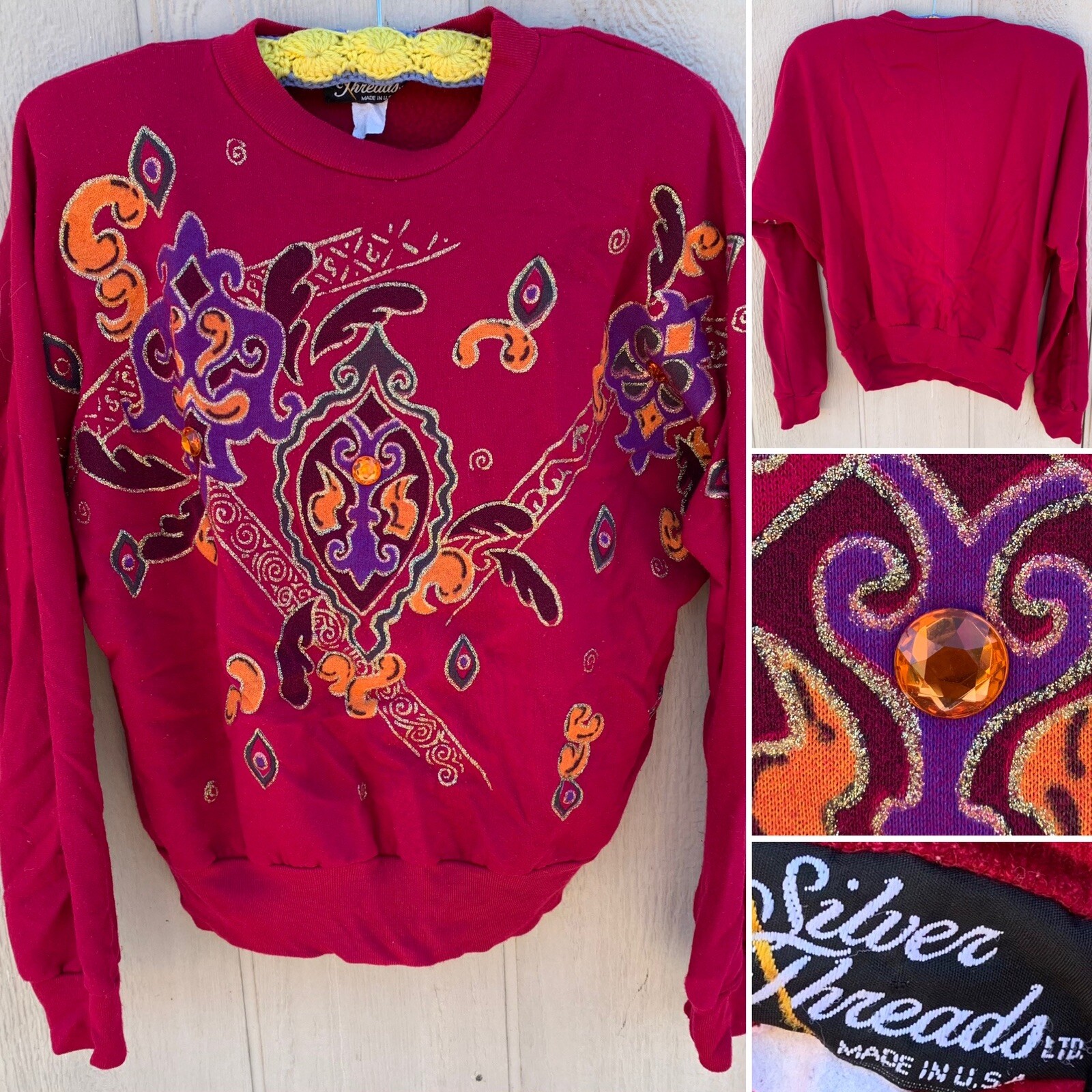 Vintage Silver Threads made in the USA jeweled wearable art sweatshirt size XS