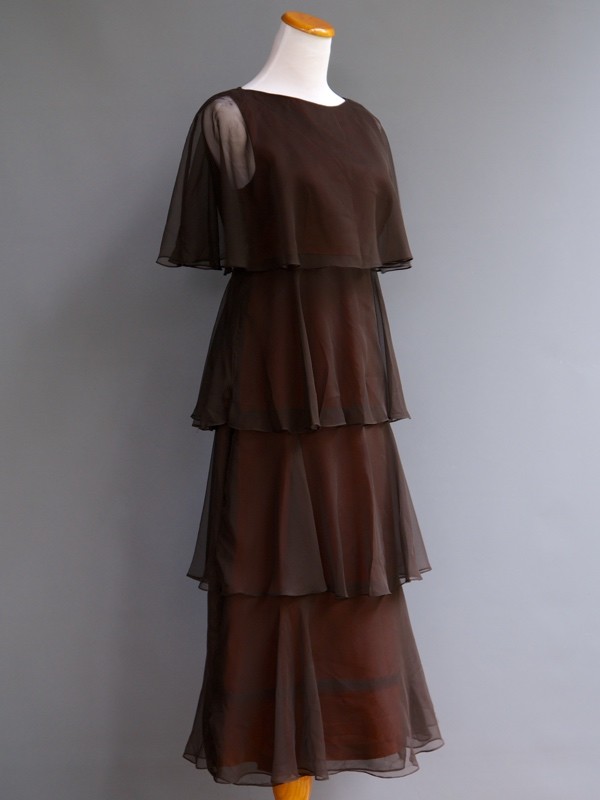 VTG 70s Marita Anthony Muto Diaphanous Tiered Brown Sheer Chiffon Disco Dress S