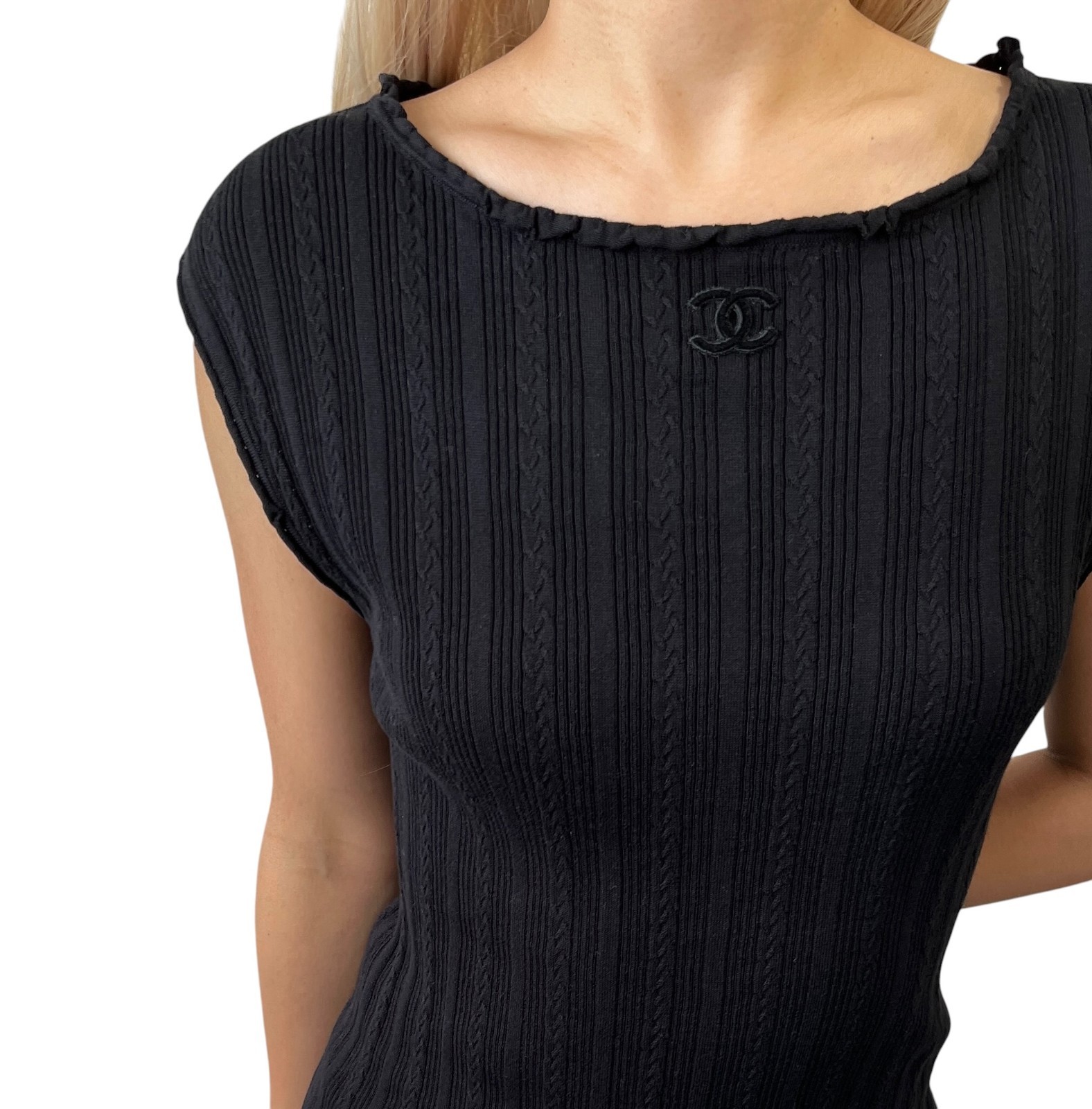 CHANEL P47979 CC Logo Rib Knit Tank Top #38 Black Sleeveless Cotton 901965
