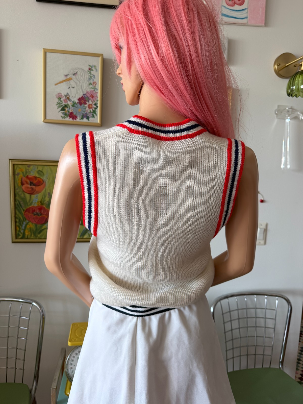 🎾 Vtg Preppy Tennis Sweater Vest Red White Blue Trim Button Front Knit Top M