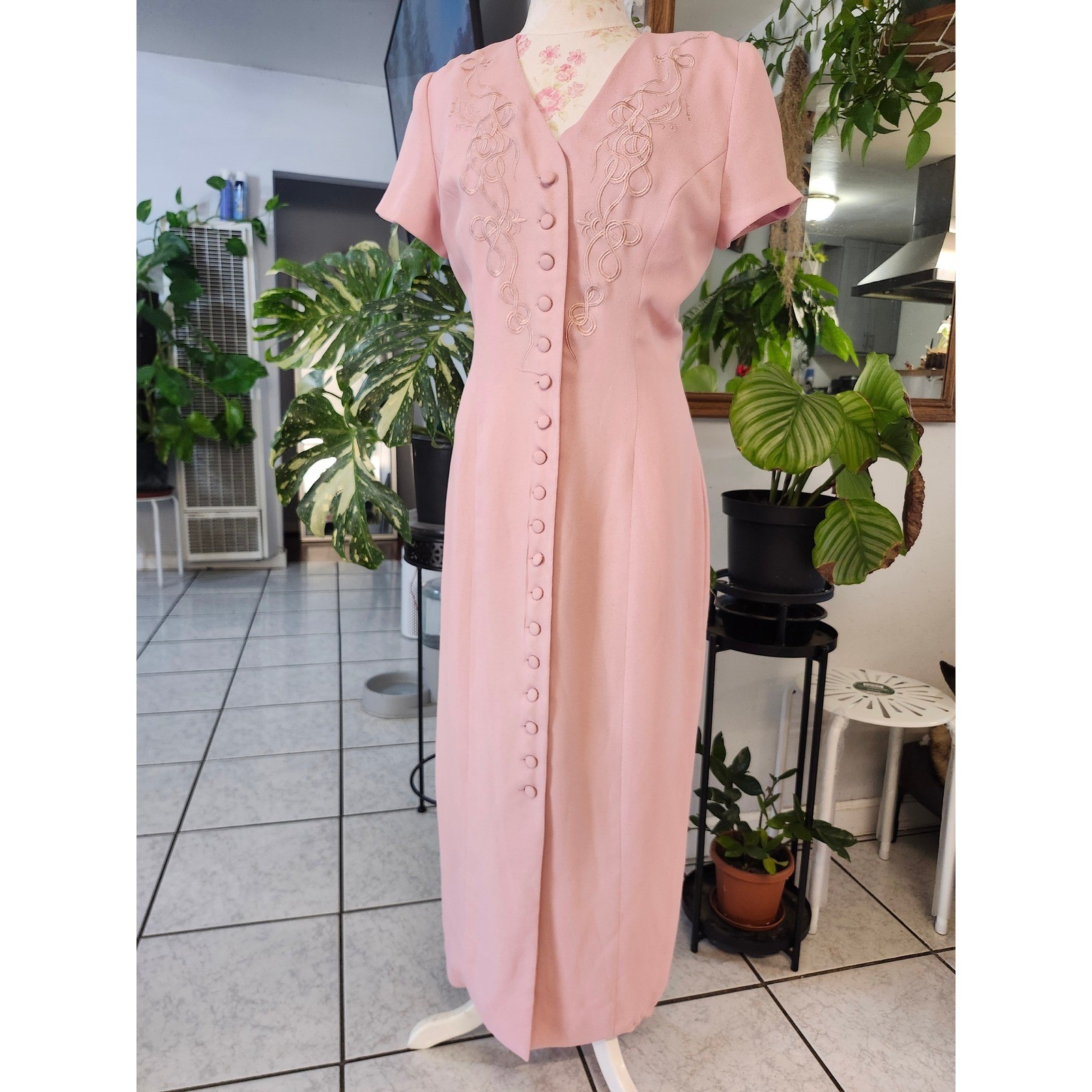 Vintage Maggy London Blush Pink Maxi Dress Size 8 Button Front Romantic Formal