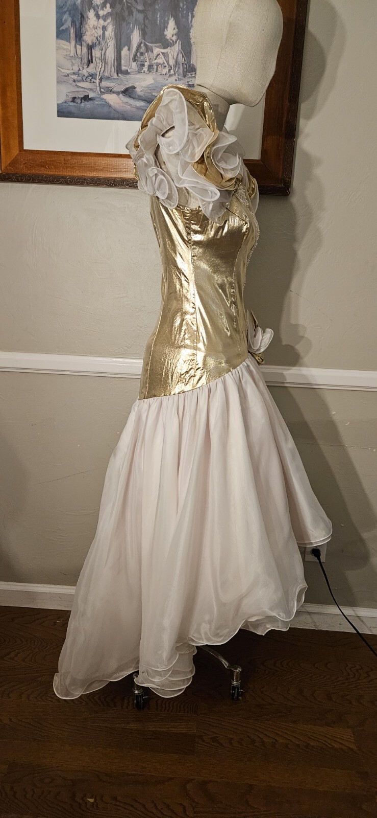 Vintage 1980s Gold Lamè And White Organza Overla Blend High Low Prom Dress As…