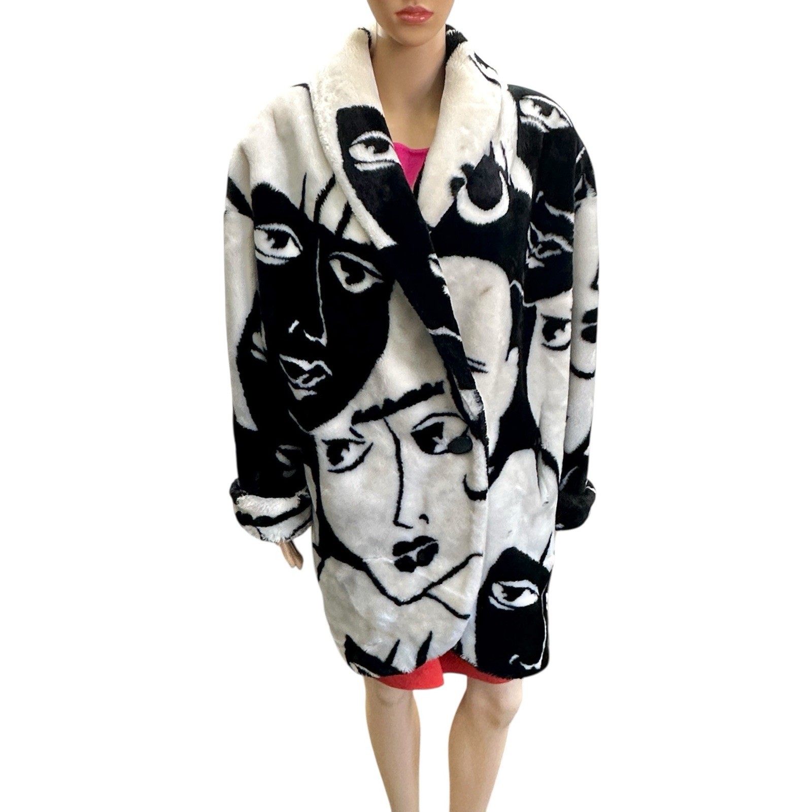 1980s Donnybrook Black & White Oversized Faux Fur Coat Picasso Faces (As Is) /cb