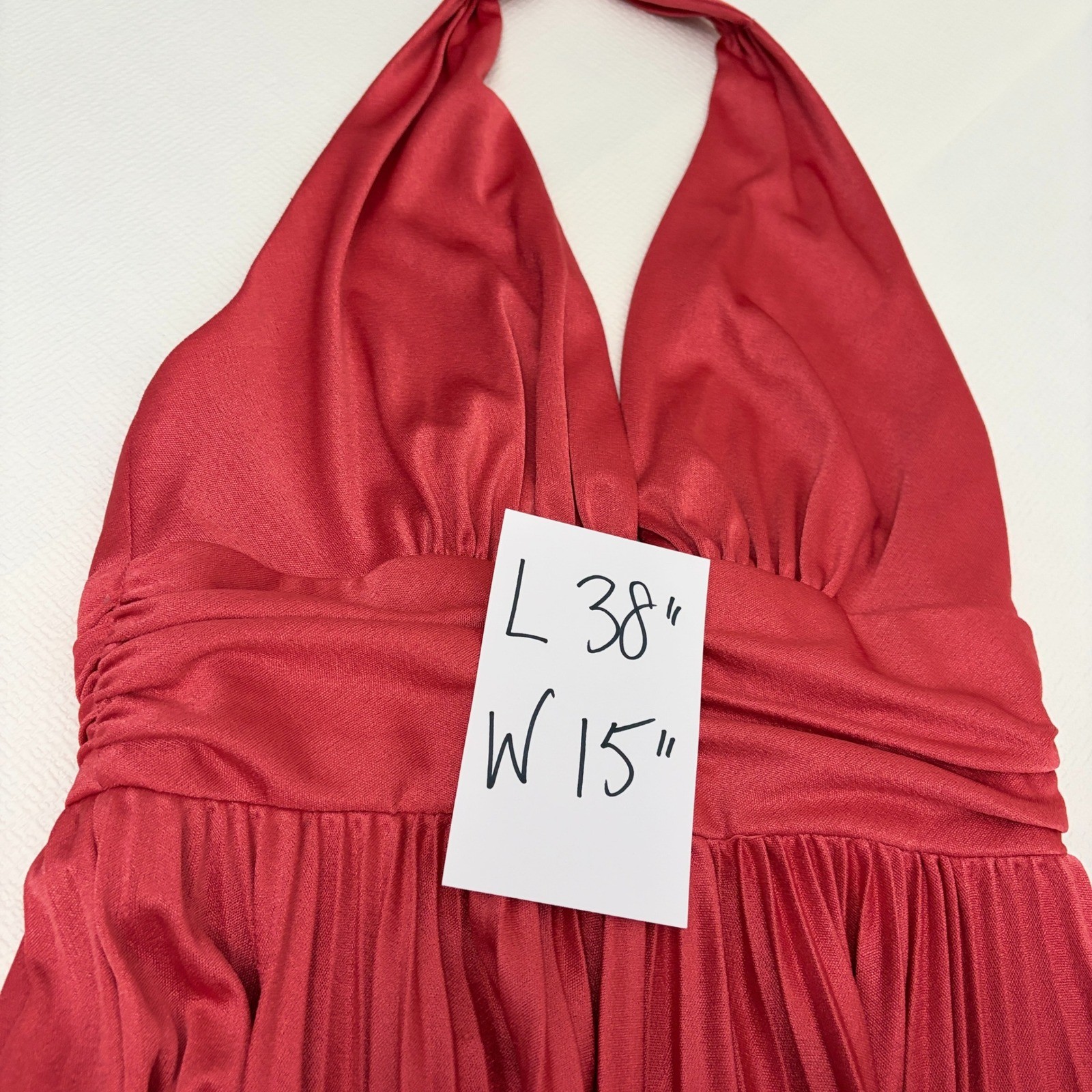 Vintage Halter Dress Pleated Ruched Plunge Red Size M L38 W15