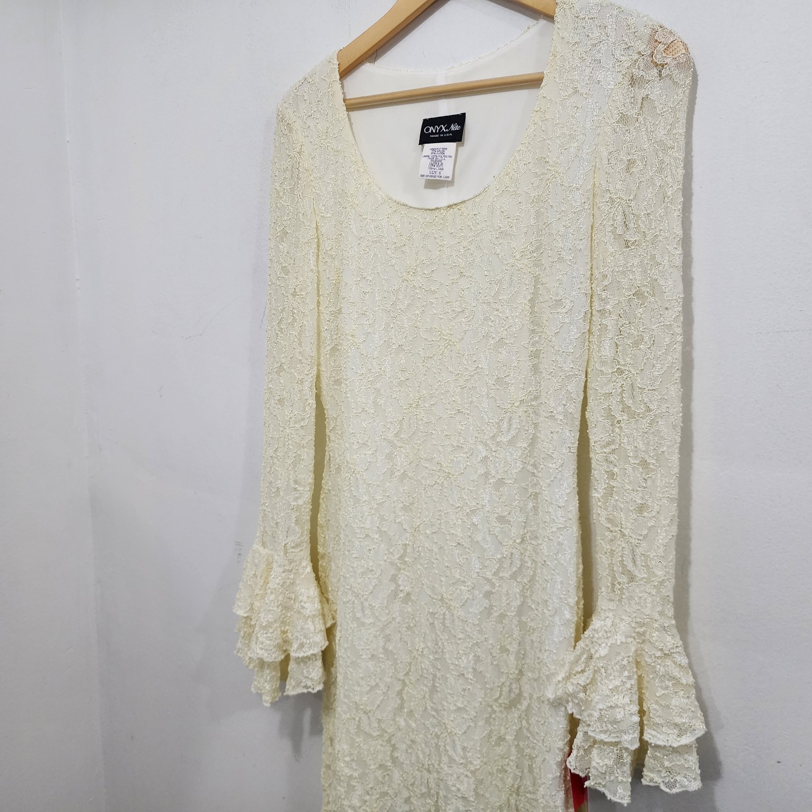 Onyx Nite 90s Vintage Cream Lace Bell Sleeve Mini Dress NEW Womens Sz 8 Stretch