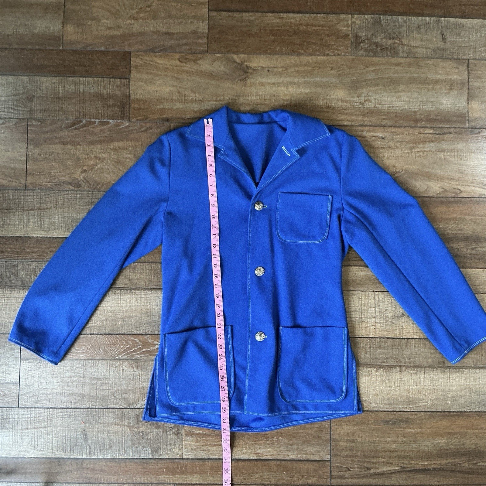 70s VTG Royal Blue Jacket White Blouse 2PC Set Sz L Coin Buttons Topstitch #20D8