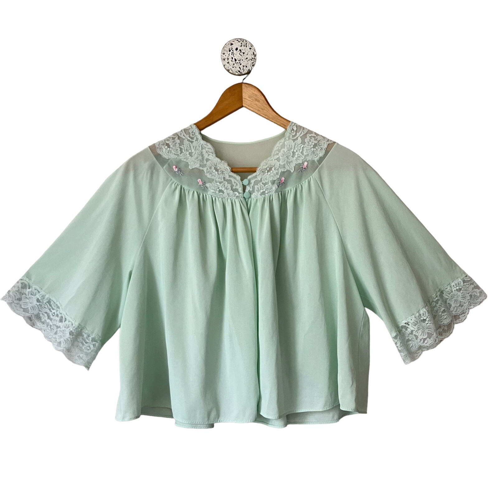 Vtg Shadowline Mint Green Cropped Bed Jacket Pajama Top Lace Trim Capelet Medium