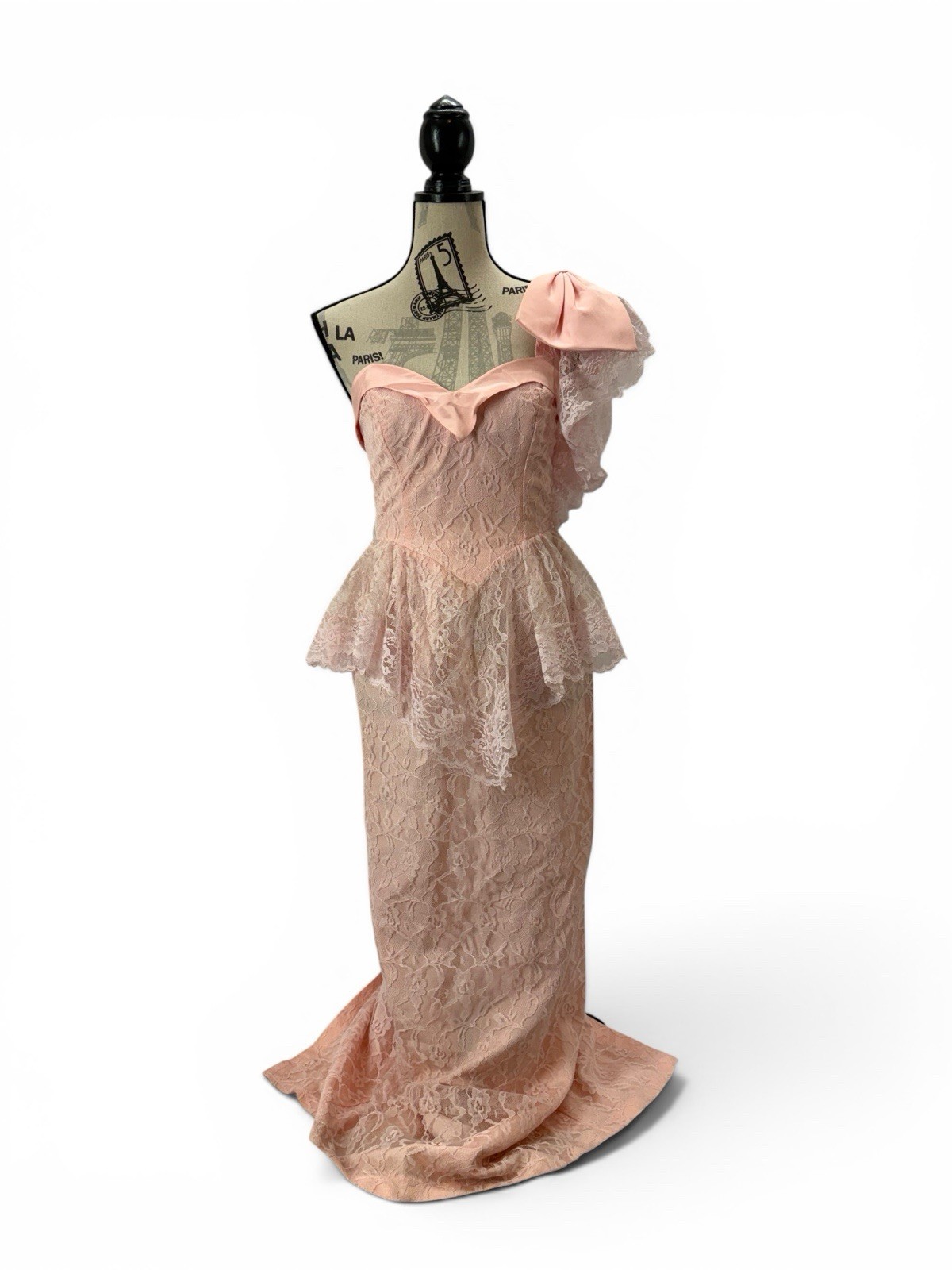 Vintage 80s Pink Lace One Shoulder Prom Gown Peplum David Howard Climax XS