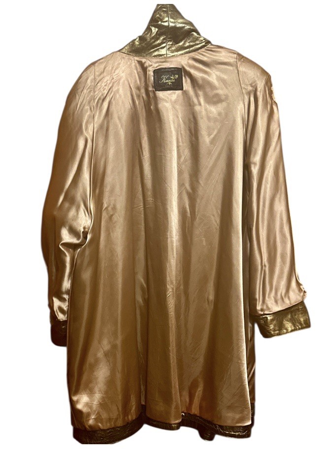 VTG 80s Kanar Gold Lame Metallic Leather Swing Coat Hollywood Glam XL / 2XL