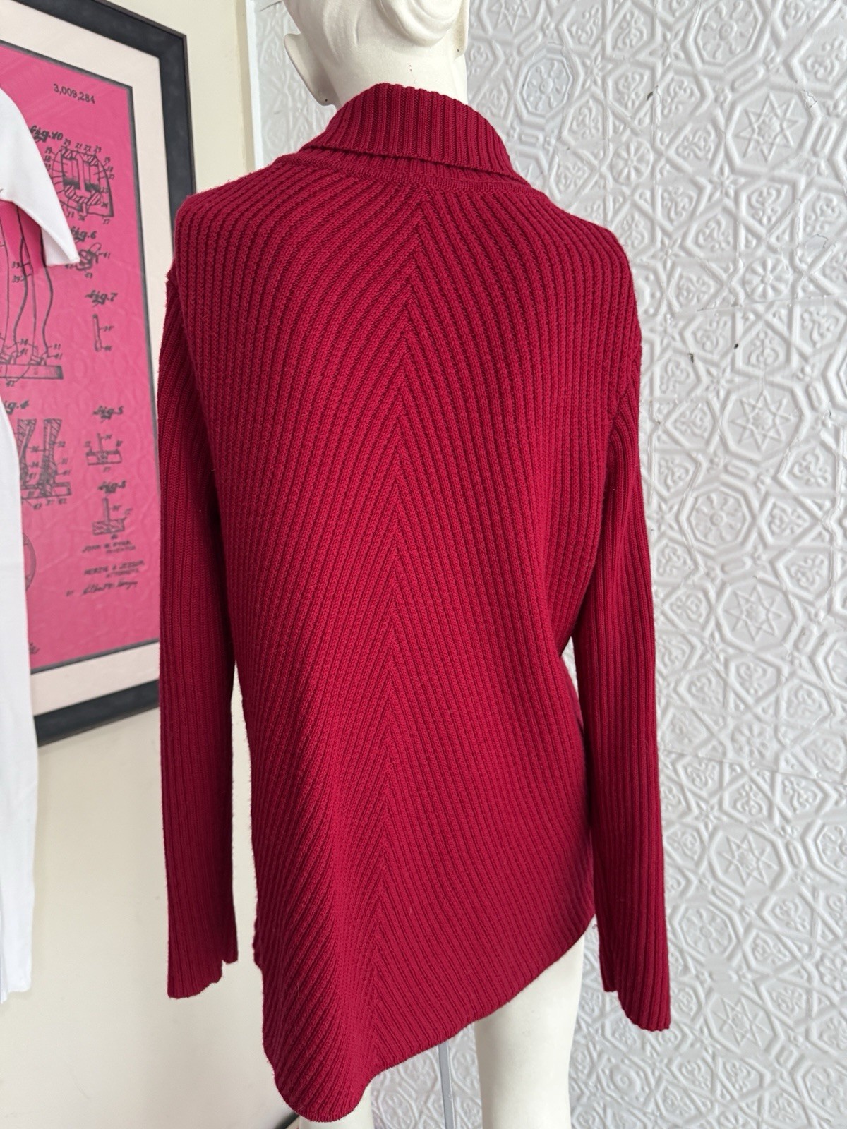 Eileen Fisher red pullover chevron knit sweater dress tunic oversized Small