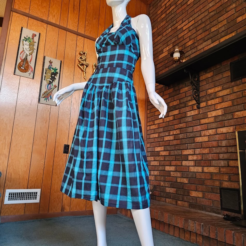Vtg 1950s Shelf Bust Halter Windowpane Plaid Rockabilly Sundress Day Dress XS/S