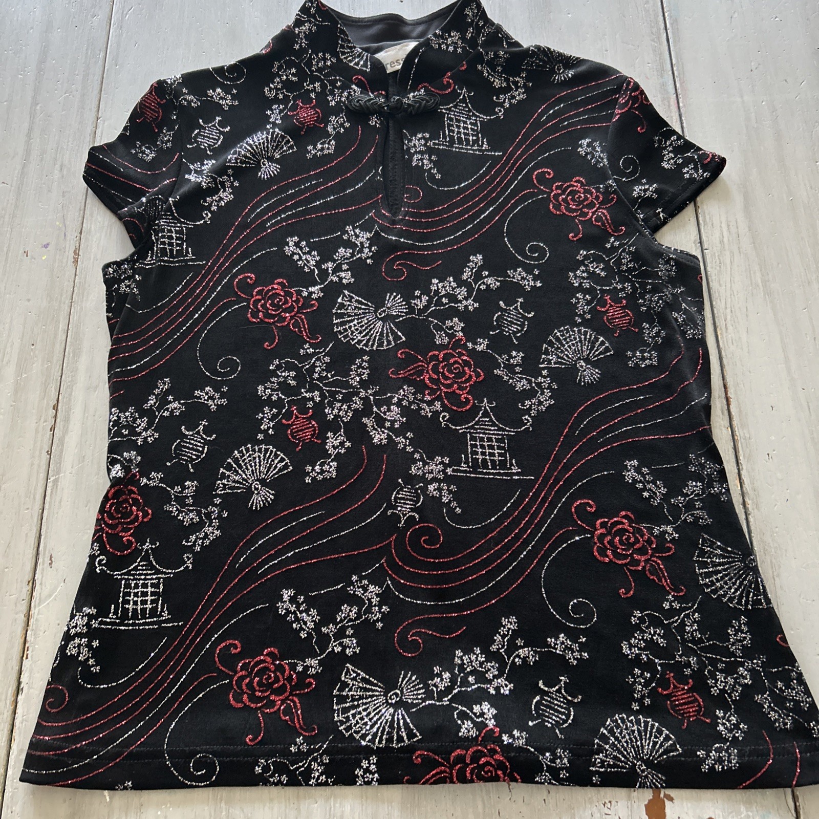Vtg Dress Barn Black Silver Red Glitter Asian Inspired Shirt Sz M Y2K Goth