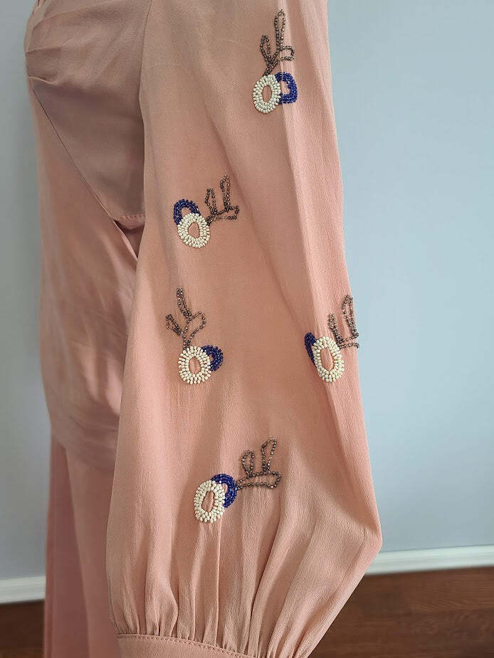 Vintage 1940s Pink Dress Beading on Sleeves Interesting Construction Adjustable