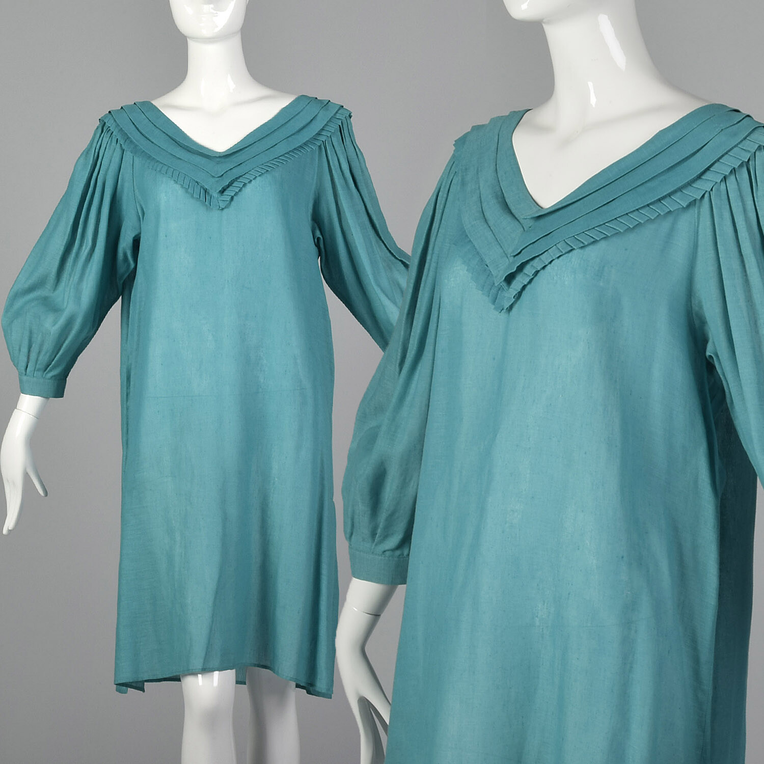 1980s Byblos Teal Tunic Dress Vintage Linen Cotton Blue Boho Bohemian Summer VTG