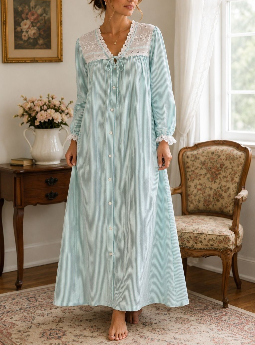 Vintage Diana Hopkins Seersucker Prairie Dress Aqua Stripe Eyelet Lace Cottage N
