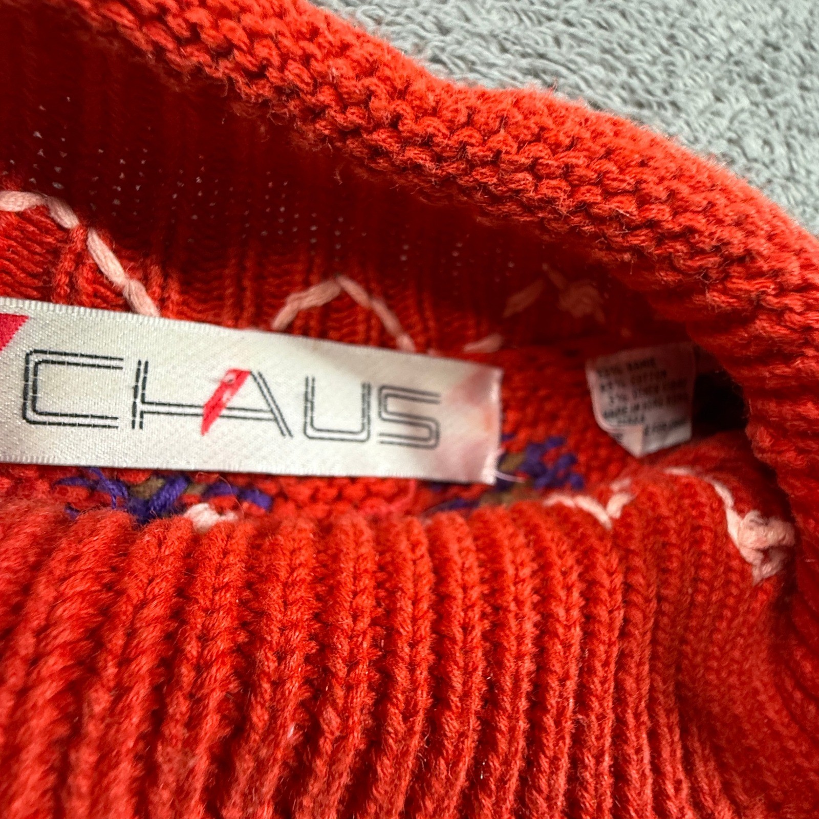 Chaus Knit Sweater Womens S Red Excellent Vintage Embroidered Holiday Chunky