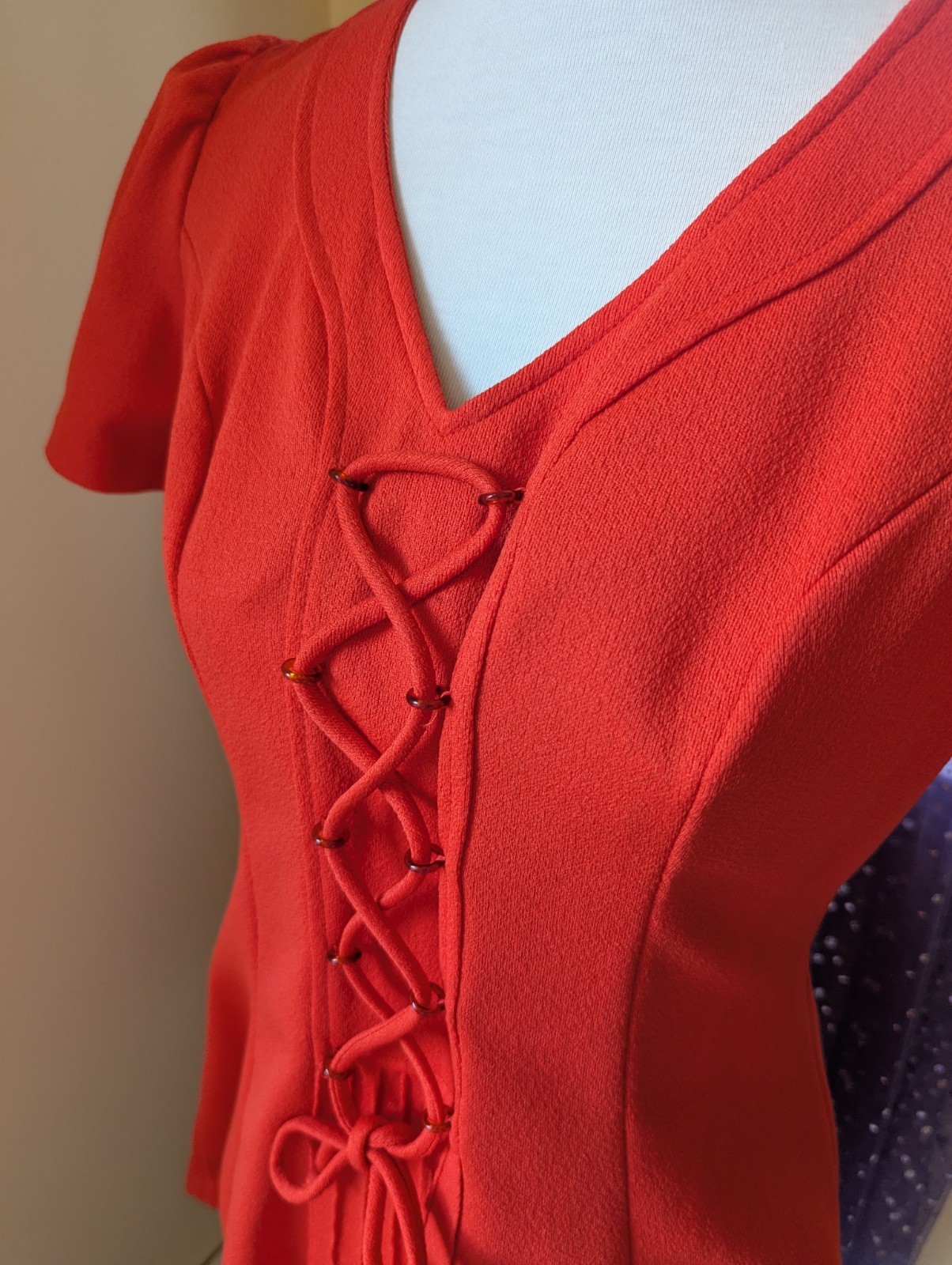 Vintage 70’s Lace Up Polyester Puff Sleeve Babydoll Mini Red Dress Size Small