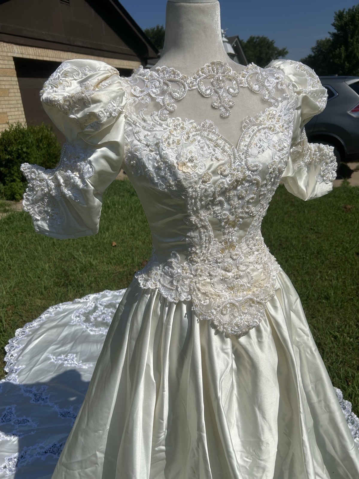 Vtg 80s Ivory Satin Beaded Bride Wedding Dress Short Sleeve Long Train Size 14