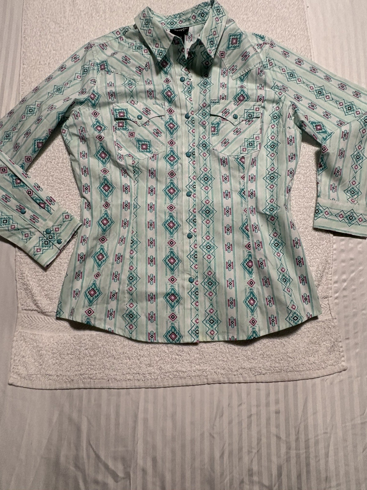 Wrangler Retro Women’s L western Pearl Snap Shirt Aztec Turquoise Southwestern