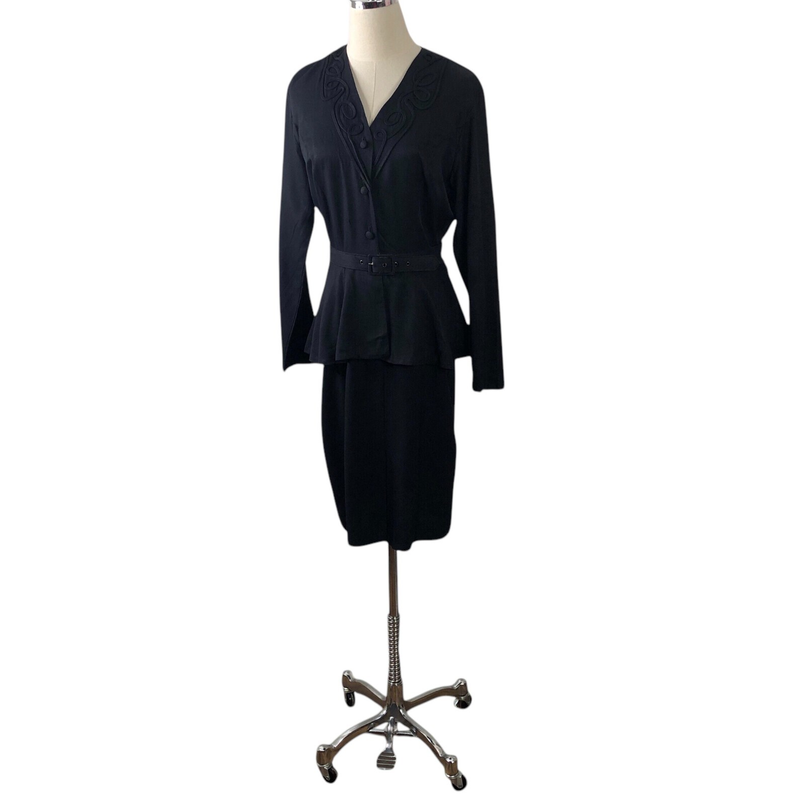 Carol Anderson Vintage Dress Size 6 Navy Blue Soutache Belted Peplum Mourning