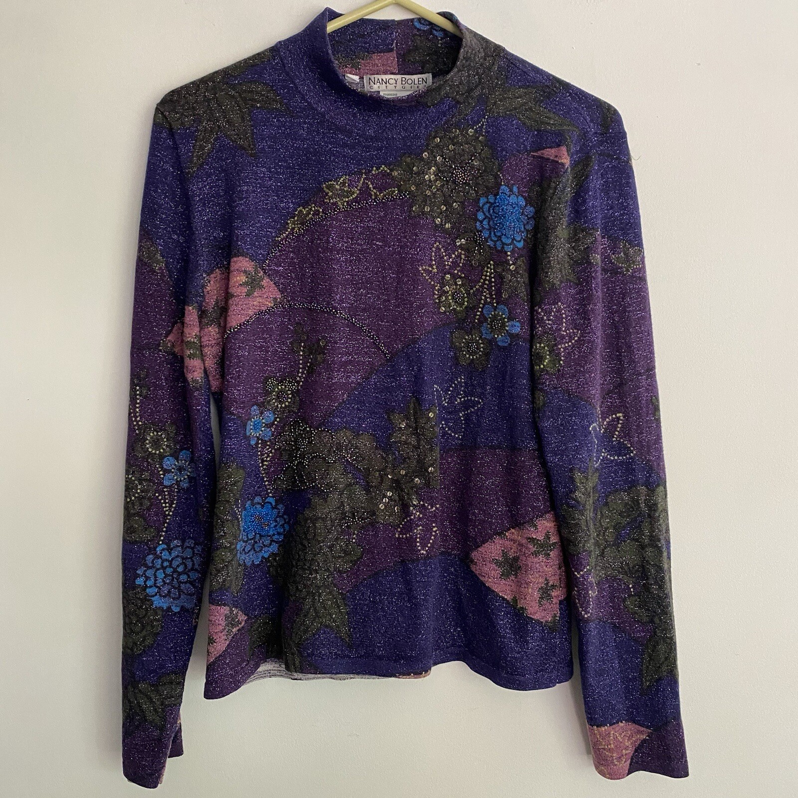 Vintage Nancy Bolen City Girl Silk Purple Top Beaded Floral Size M Y2K 90s 00s