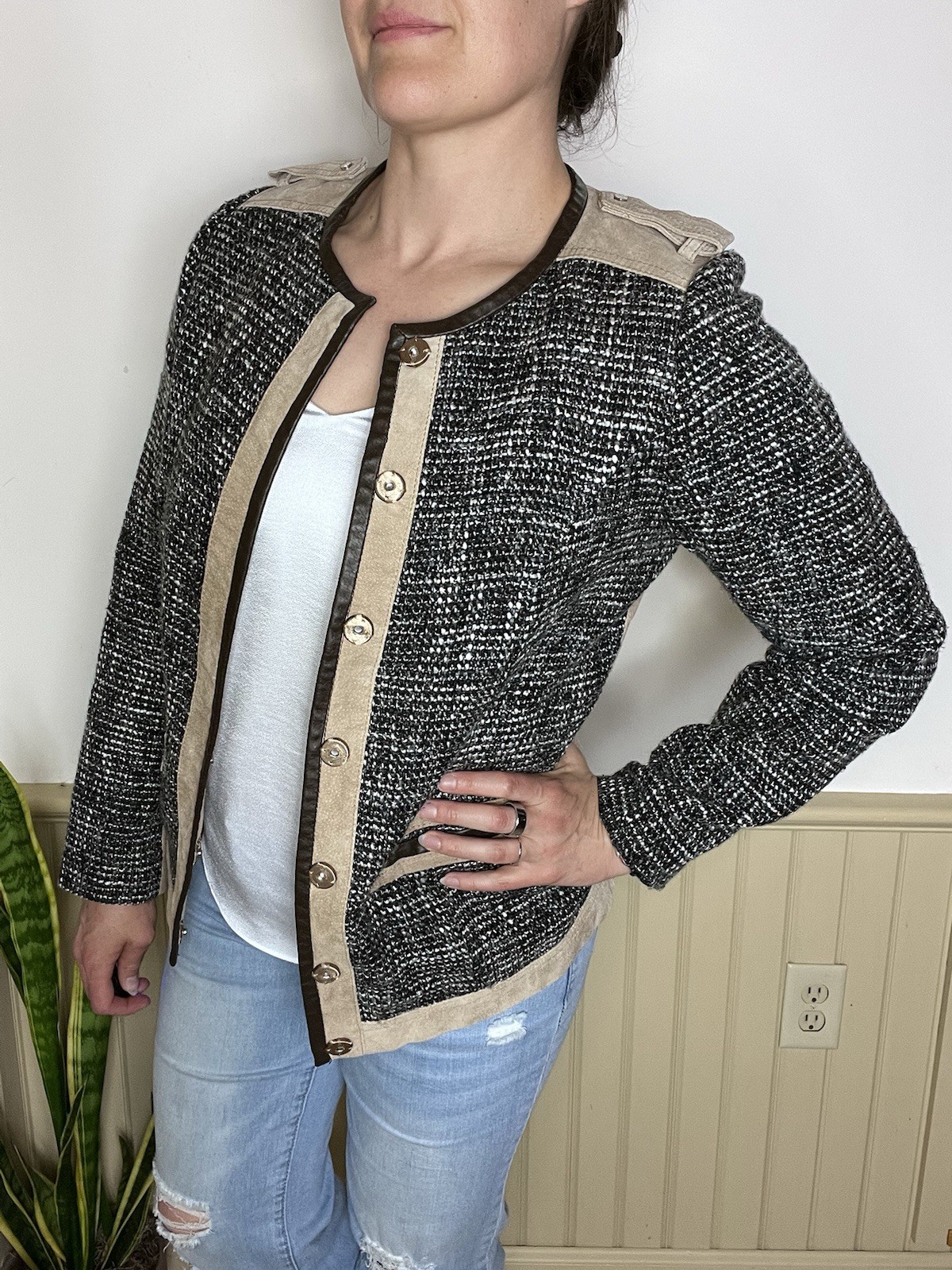 Bradley Bayou Vintage Gray Tweed Tan Leather Varsity Jacket Women’s Size S