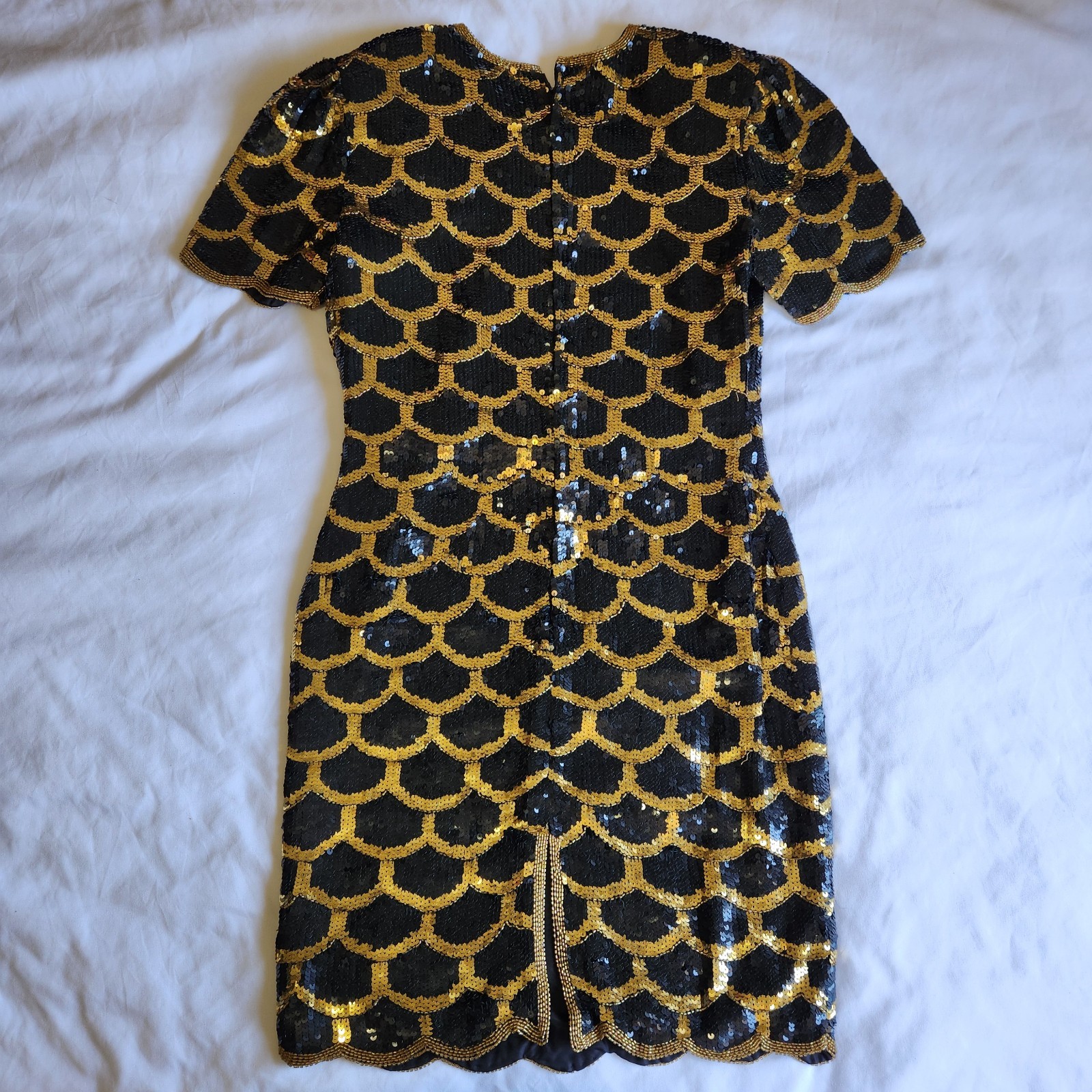Vintage 80’s Scalloped Sequin Black Gold Silk Dress as seen on Katy Perry Size S