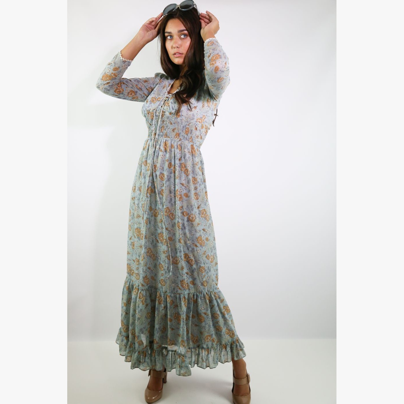 Vintage 1970’s Blue & Brown Floral Prairie Dress Maxi Size 6