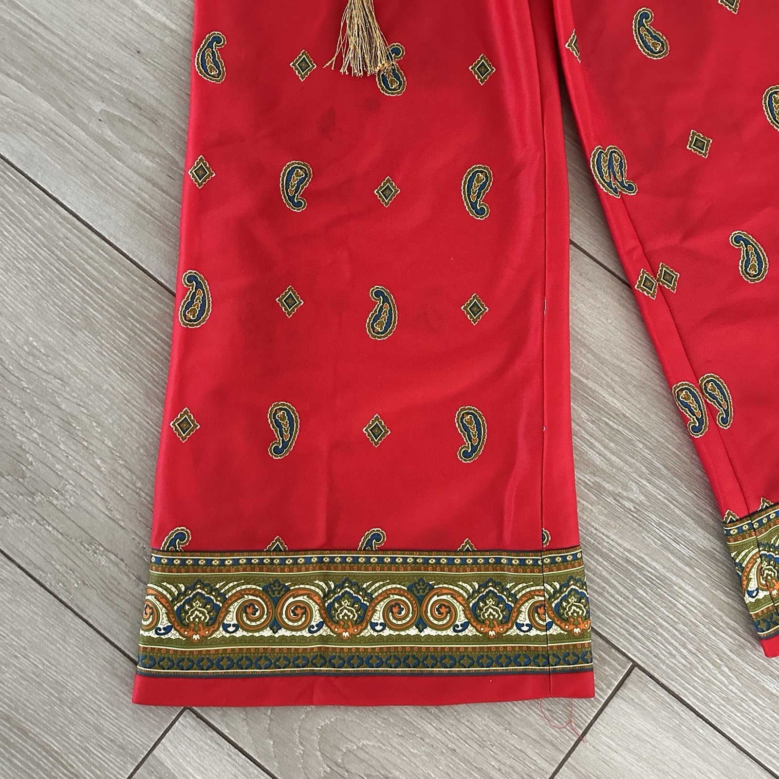 Vintage Mel Warshaw Miss Jane Miami Red Paisley Wide Leg Jumpsuit Gold Rope Belt