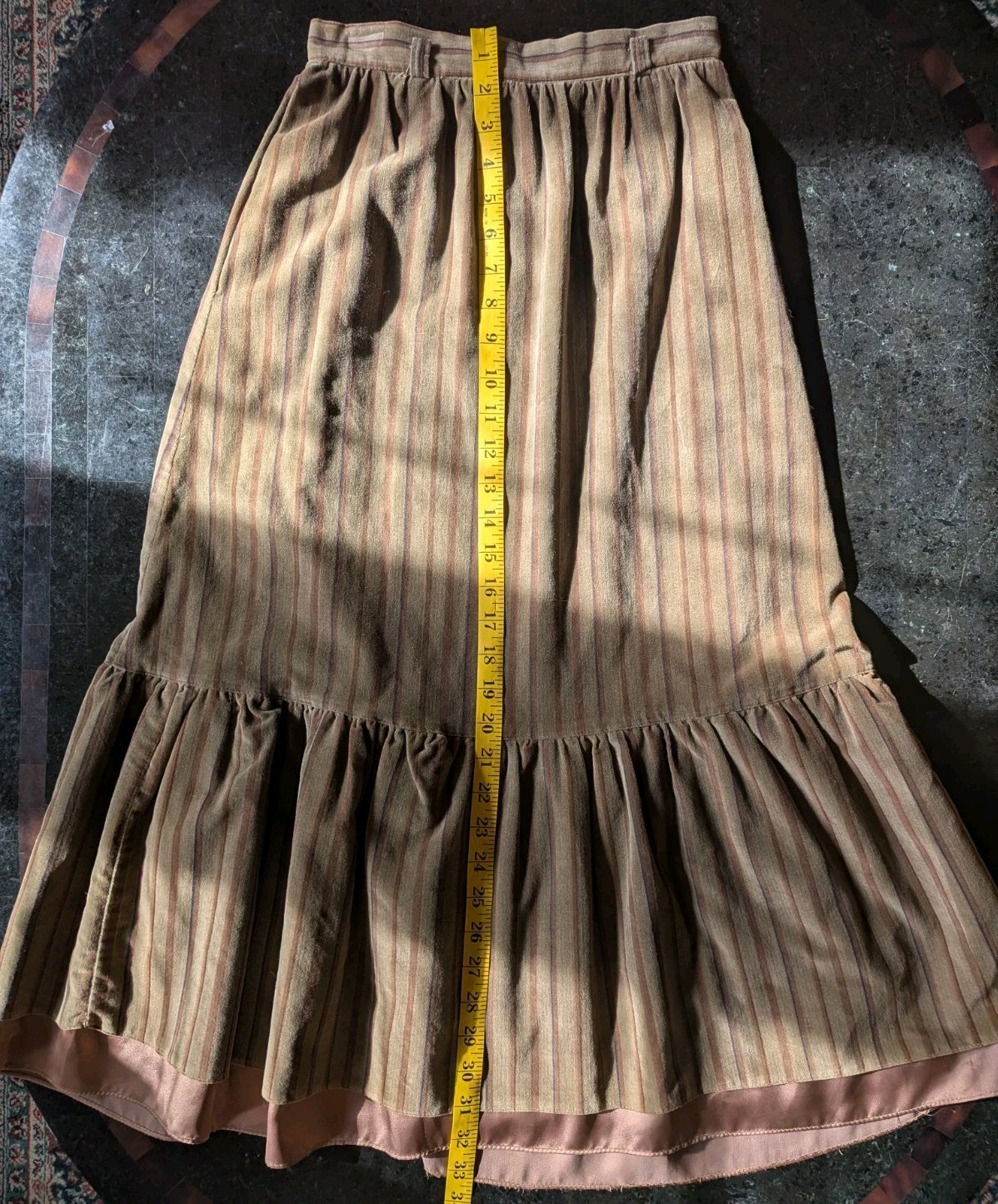 Vintage 1970s The Strawberry Plant Striped Velvet Midi Skirt w/Ruffled Hem XS