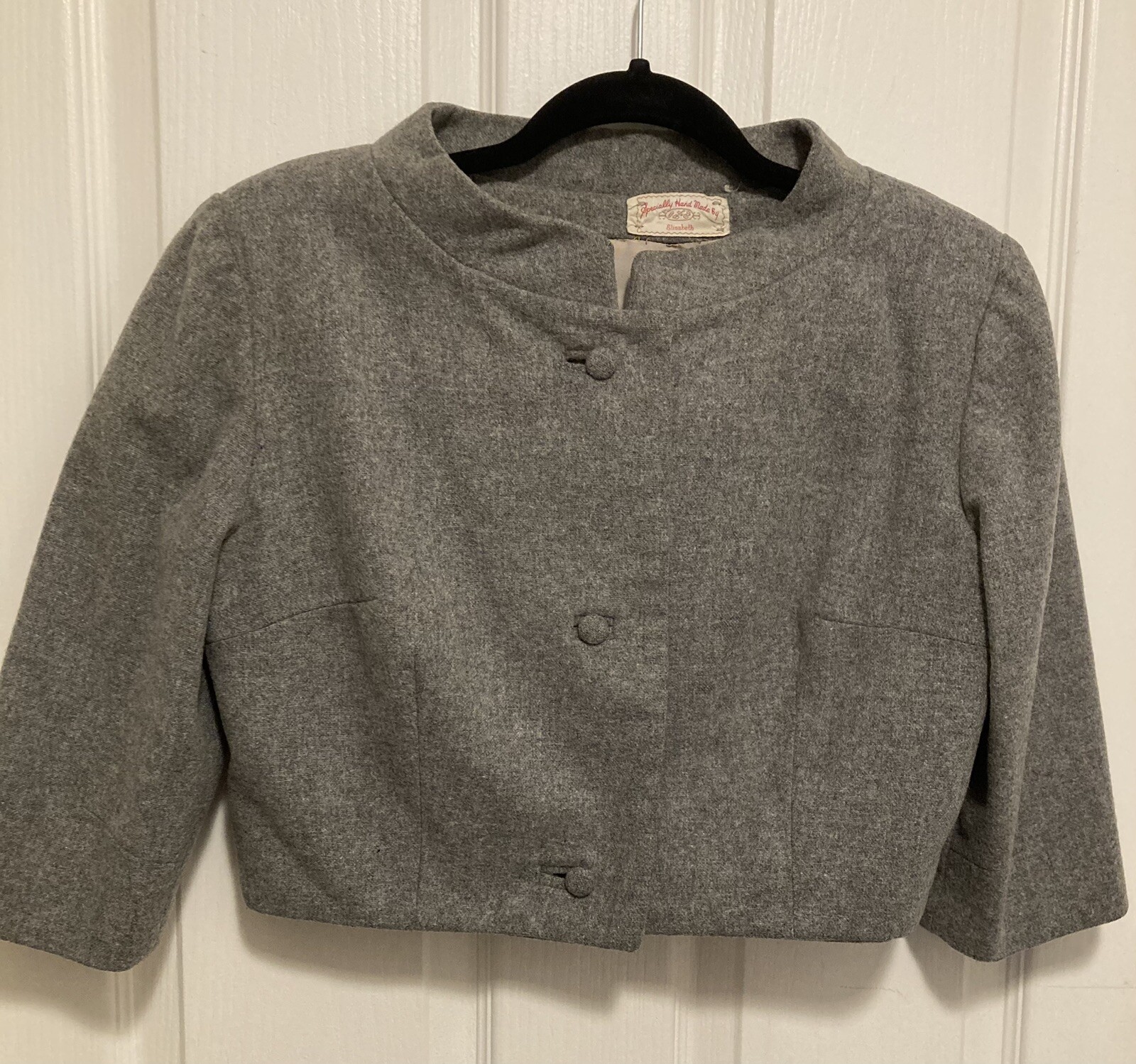 Vtg 50-60’s Gray Wool 2 Pc Dress 1/2 Sleeve Crop Jacket HandMade By Elizabeth Sm