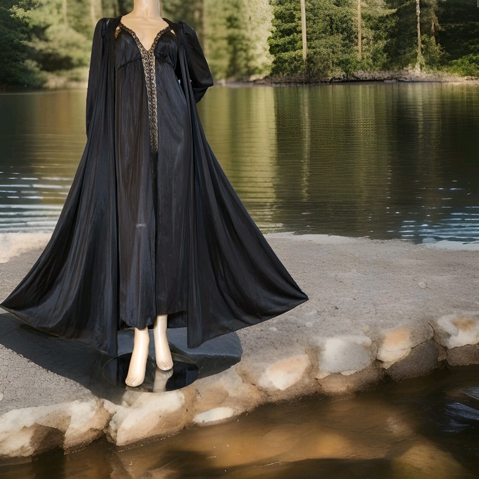 Vintage Black Nightgown Center Lace Silky Smooth & Peignoir Robe Blended Set M