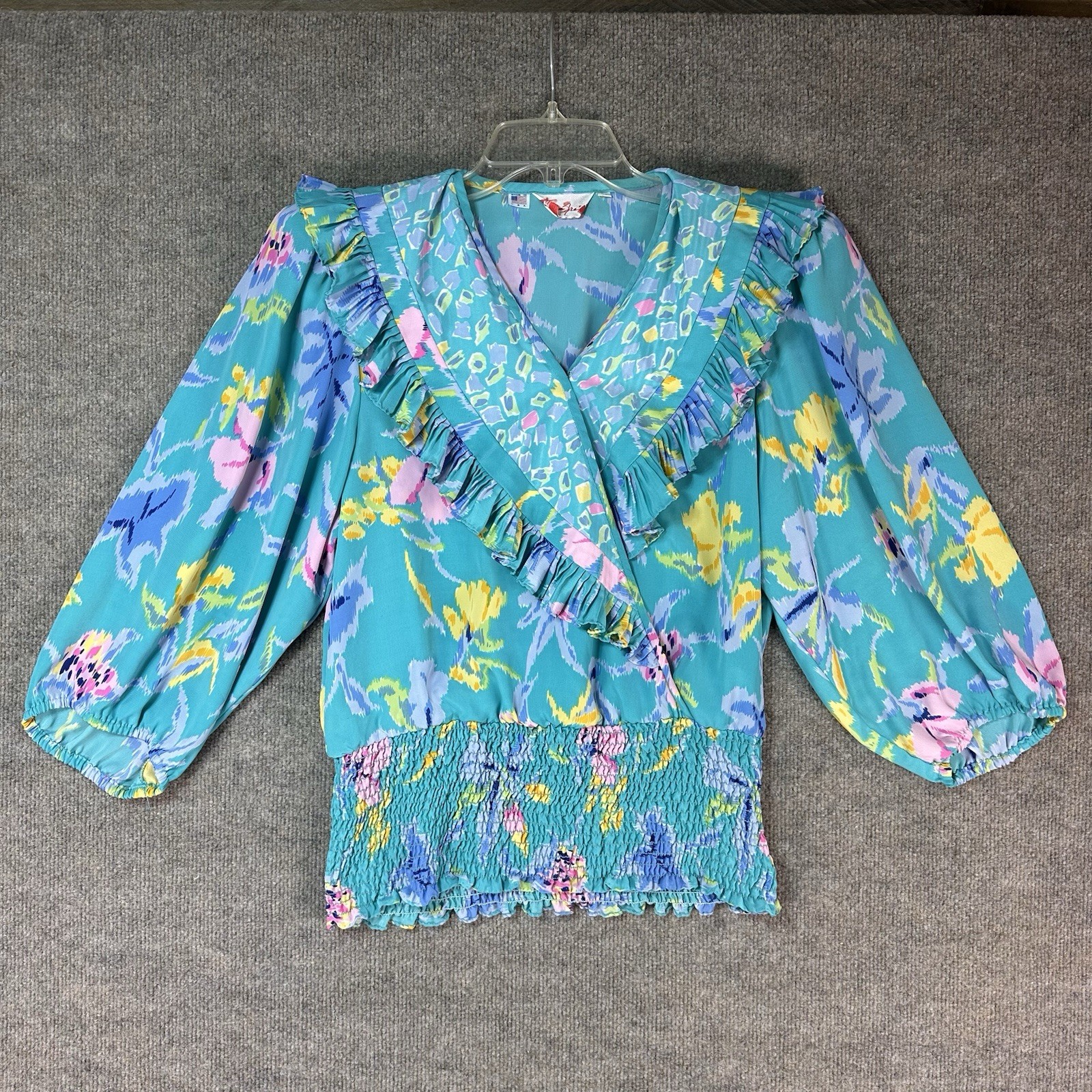Susan Freis Sz L Blouse Resort Tropical Ruffle Vintage Smocking Floral Resort