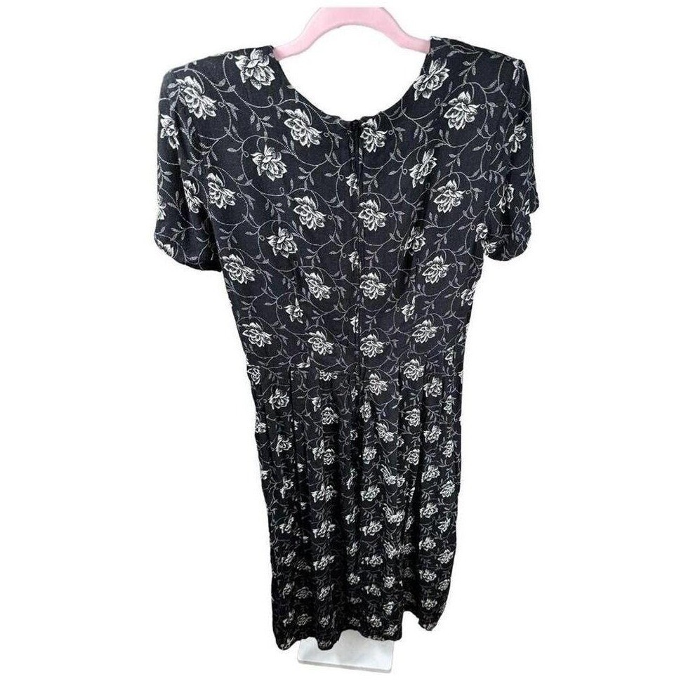 Vintage Brett Alixander Black White Floral Puff Sleeve Pleated Midi Dress Sz 10