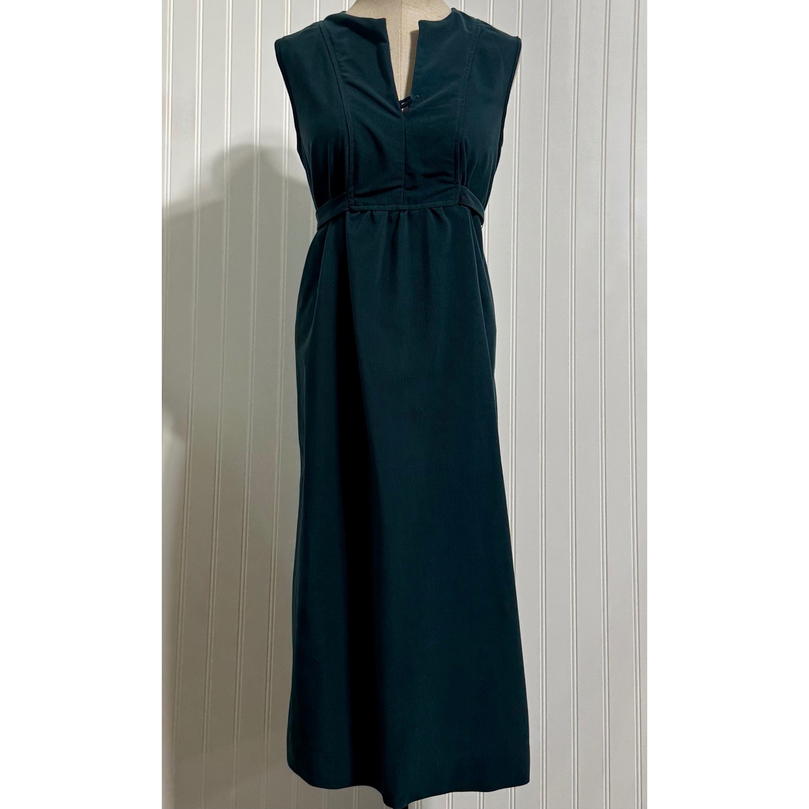 Marian Sue Womens 5/6 Sleeveless Maxi Dress Poly Corduroy Green Vintage Minimal
