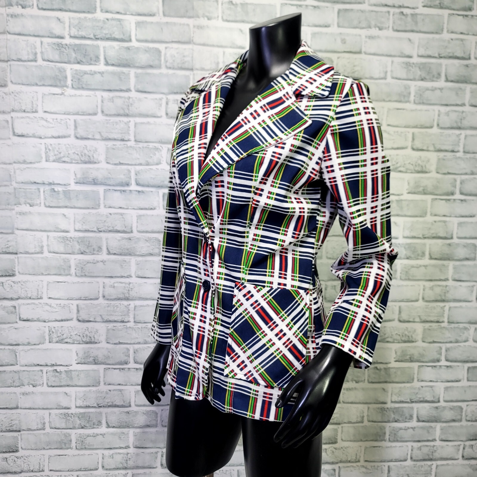 Vintage 70s Womens Colorful Plaid Double Knit Polyester Blazer Disco Career Cas