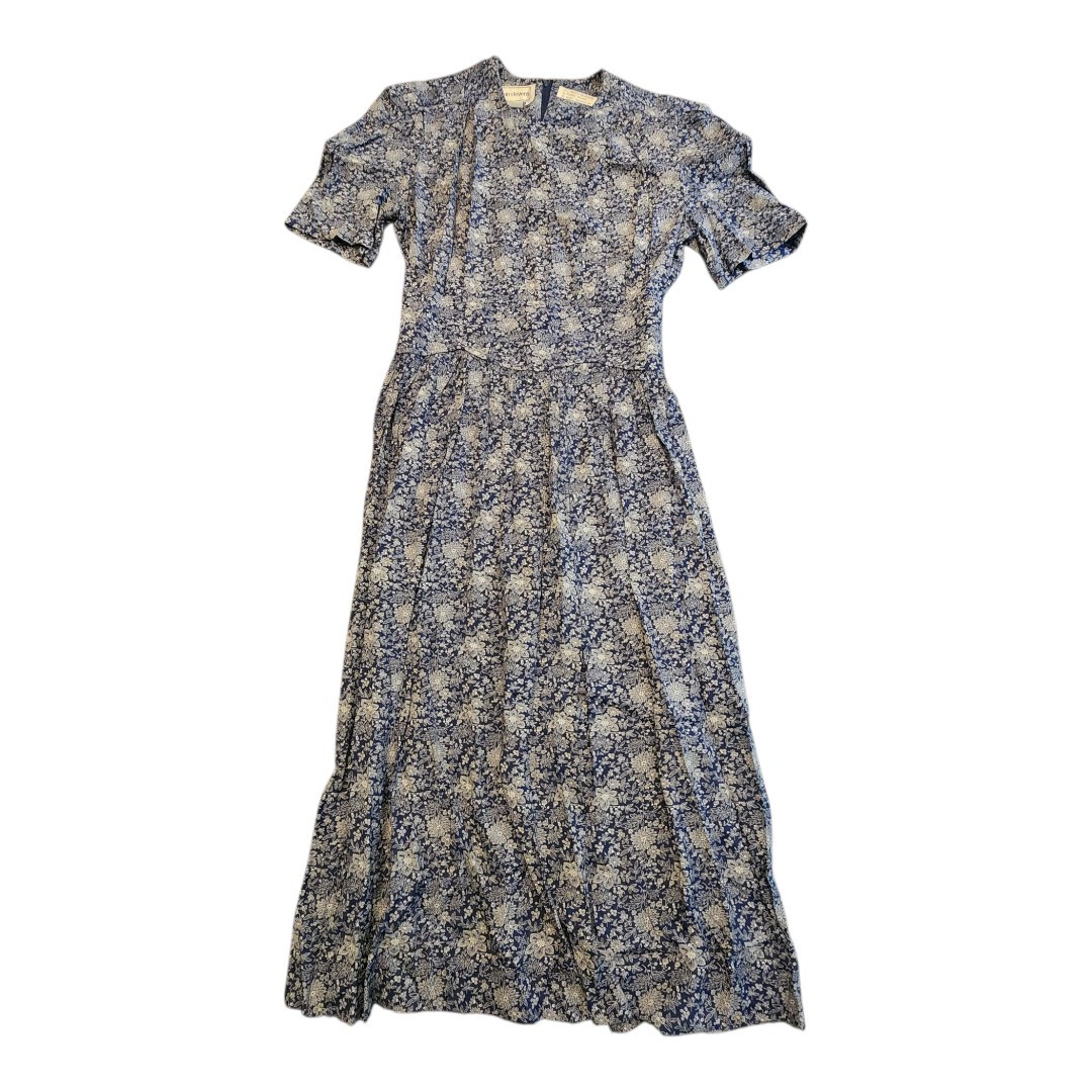 Vintage Women’s Dress 80s Blue White Floral Print Fit & Flare Sz 14 Peasant