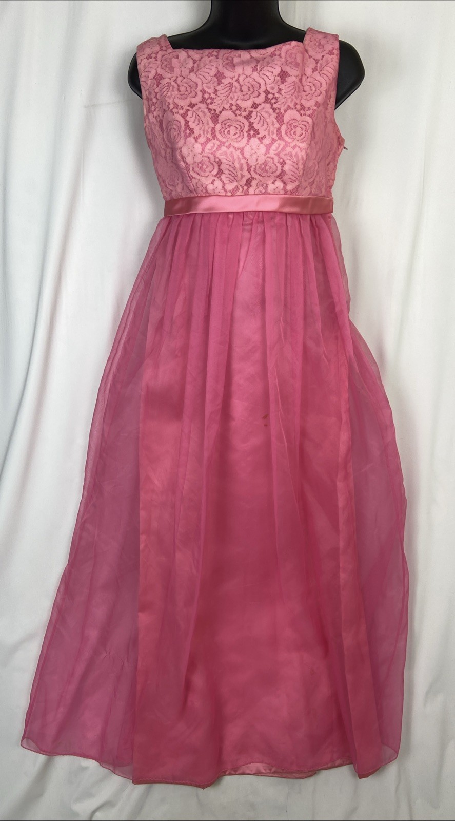 Vintage 60s Sleeveless Chiffon Dress Pink Lace Lined Bow Open Back Empire Waist