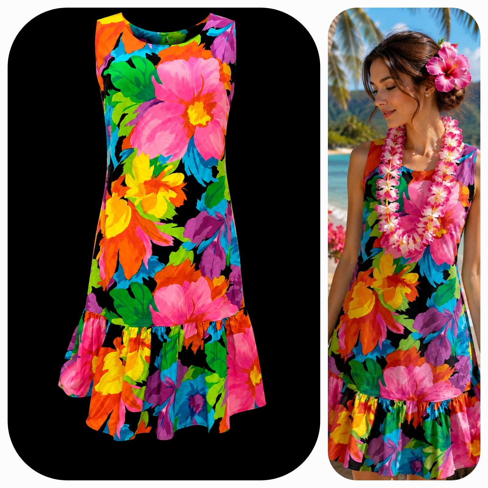VTG South Sear’s Psychedelic Floral Tropical Hawaiian Sleeves Mumu Dress