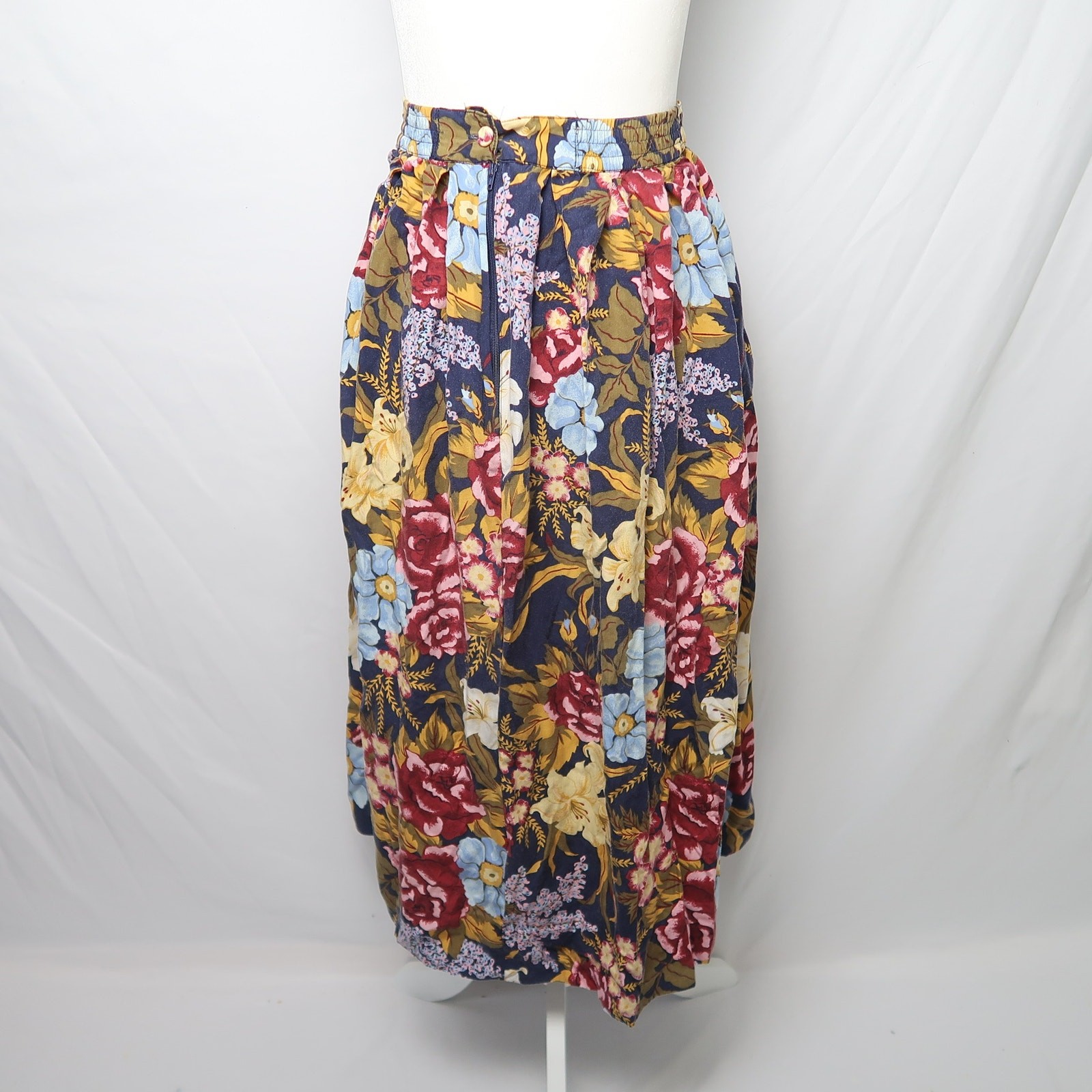 Vintage 90s Bechamel navy blue and pink floral print full midi skirt 6