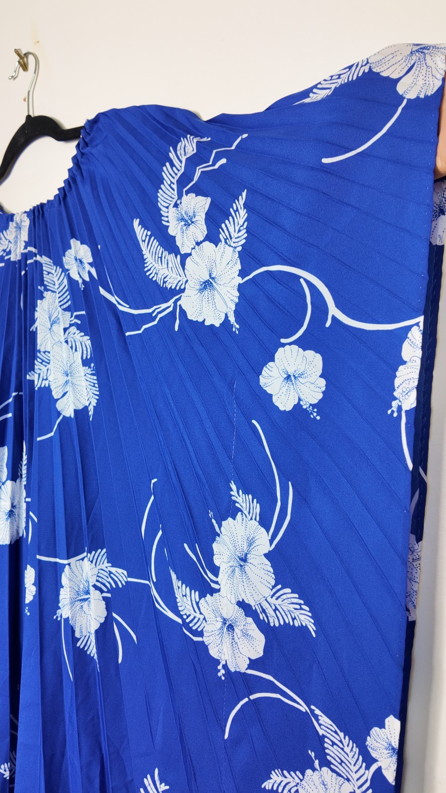 Vintage 70s 80s Royal Palm Hawaii Blue Pleated Kaftan Hibiscus Floral Dress