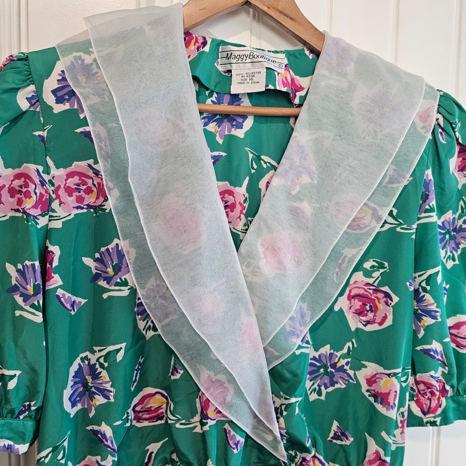 Vintage 90s Maggy Boutique Dress Women Sz 16 Green Floral Pleated Preppy Cottage